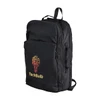 A black backpack with a large front pocket, featuring a logo on the front.