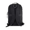 A black backpack featuring padded shoulder straps and a simple design. It includes a logo on the surface.