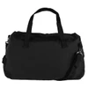 A black duffel bag featuring handles and an adjustable strap, with a logo on the side.