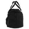 A black duffel bag with dual handles and a side pocket, featuring a logo on the front.