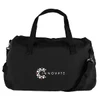 A black duffel bag with two handles, a shoulder strap, and a logo on the front.