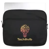 A black laptop sleeve features a light bulb design with gears and a logo, suitable for a laptop or device.