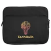 A black laptop sleeve featuring a graphic of a lightbulb with gears and a logo.