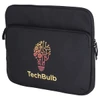 A black laptop sleeve featuring a logo with a light bulb and gears in orange and yellow tones.