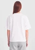 A white box tee with short sleeves, featuring a simple design and a logo on the back.
