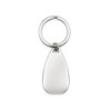 A silver keytag with a teardrop shape, featuring a circular metal ring for attachment.