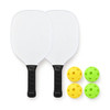 A pickleball set featuring two paddles with black grips and four balls in yellow and green.