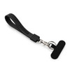 A black wrist strap featuring a tactile surface, attached to a keyring and clasp for secure hold.