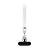 A white wrist strap keytag with a textured grip and a metal clip, featuring a branding logo.