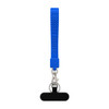 A blue wrist tactile phone holder keytag with a textured grip and a metal clip for attachment.