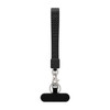 A black wrist keytag with a textured grip and a metal clip for attachment, featuring a small branding logo.