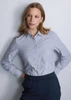 A women's long sleeve shirt in blue and white check pattern, featuring a collar and button front, with a logo on it.