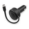 A black retractable car charger featuring a USB-C port and a compact design. It includes an integrated cable.
