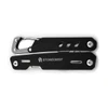 A black multi-tool with a carabiner clip, featuring various tools and a logo.