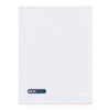 A large white cotton tea towel with a logo in one corner.