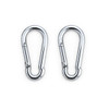 Two silver metal carabiner clips with a shiny finish, featuring oval shapes and spring-loaded closures.