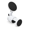 A white phone holder with adjustable arms and black adhesive pads for secure grip. It has a simple, modern design.