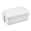 A white double tray lunchbox with a secure lid, featuring an integrated handle for easy carrying.