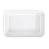 A rectangular white tray with rounded edges, featuring a flat surface and no visible designs.