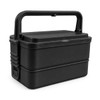 A black double tray lunchbox with a handle and adjustable clips, featuring a logo on the side.