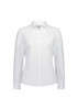 A white long sleeve shirt with a collar and button front, featuring a logo on the chest.