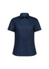 A navy blue short sleeve women's shirt with a button-up front and a collar. It features a branded logo.