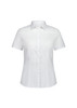 A white short sleeve women's shirt with a collared neckline and button front. Features branded logo detail.