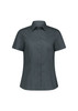 A short sleeve women's shirt in dark grey with a collared neckline and button front. Features branding on the label.