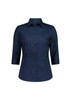 A navy blue women's 3/4 sleeve shirt with a button-up front and a collar, featuring a logo on the chest.