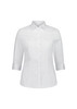 A white women's 3/4 sleeve shirt with a collar and button front, featuring a logo on the chest.