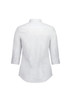 A white women's 3/4 sleeve shirt with a back view showing a classic collar and button detail. Features branding.