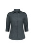 A women's 3/4 sleeve shirt in dark grey with a collared neckline and button-down front, featuring a logo.