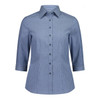 A blue and white striped women's 3/4 sleeve shirt with a collar and buttons, featuring a logo.
