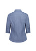 A blue and white striped women's 3/4 sleeve shirt with a collar and button details on the sleeves.