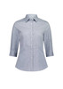A fitted women's shirt with 3/4 sleeves in a blue and white checkered pattern. Features a classic collar and buttons.