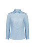A women's long sleeve shirt in light blue, featuring a collared neckline and button placket, with a logo present.