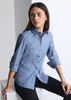 A long sleeve women's shirt in a blue striped pattern, featuring a collar and button-down front.
