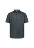 A classic fit short sleeve shirt in dark grey with a button-down front and a collar. Features a logo on the chest.