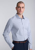 A slim fit long sleeve shirt in a light blue check pattern, worn by a model with a shaved head.