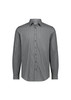 A men's slim fit long sleeve shirt in black and white stripes, featuring a collar and button-up front. Has a logo.