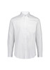 A white long sleeve shirt with a classic fit, featuring a chest pocket and a button-down collar. It has a logo.