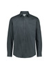 A men's classic fit long sleeve shirt in dark grey with a single chest pocket and button-up front.