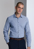 A classic fit long sleeve shirt in blue stripe, featuring a collar and button-up front. The model has a shaved head.