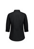 A black women's 3/4 sleeve shirt featuring a collared neckline and button details on the sleeves, with a plain back design.
