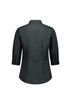 A black women's 3/4 sleeve shirt, featuring a collar and buttoned cuffs, with a smooth fabric finish.