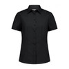 A black short sleeve women's shirt featuring a button-up front and a collar, with a subtle logo.