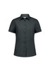 A woman’s short sleeve shirt in dark grey, featuring a collared neckline and button-up front, with a logo present.