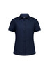 A navy short sleeve shirt with a button-up front and a tailored fit, featuring a collar and structured design.