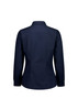 A navy women's long sleeve shirt with a collared neckline and buttoned cuffs, featuring a sleek back design.