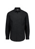 A black slim fit long sleeve shirt with a button-down front and a collar. It features a logo on the chest.